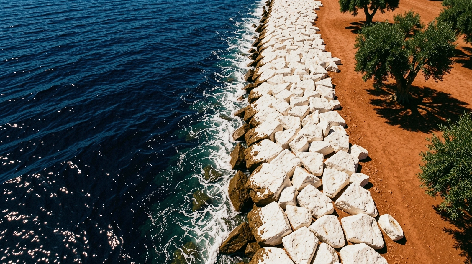 The contrast of Aegean waters against salt-crusted rocks
